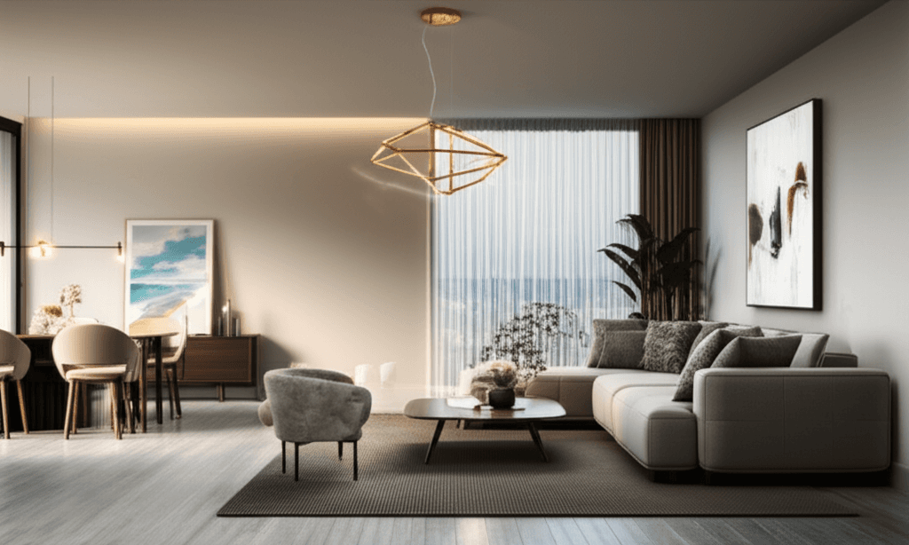 Modern living room with warm lighting